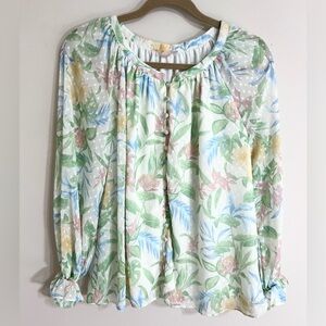 LOVECOLETTE Cottagecore Floral Polka Dot Sheer‎ Button Up Peasant Blouse Size M